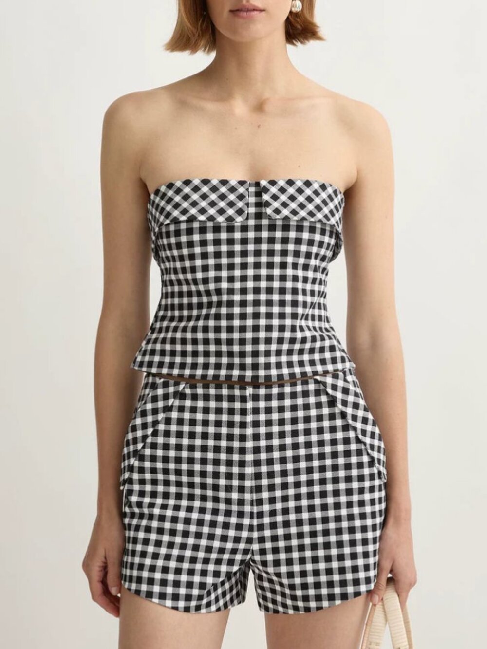 POSSE Chiara Strapless Stretch Cotton Top Small Black White Check